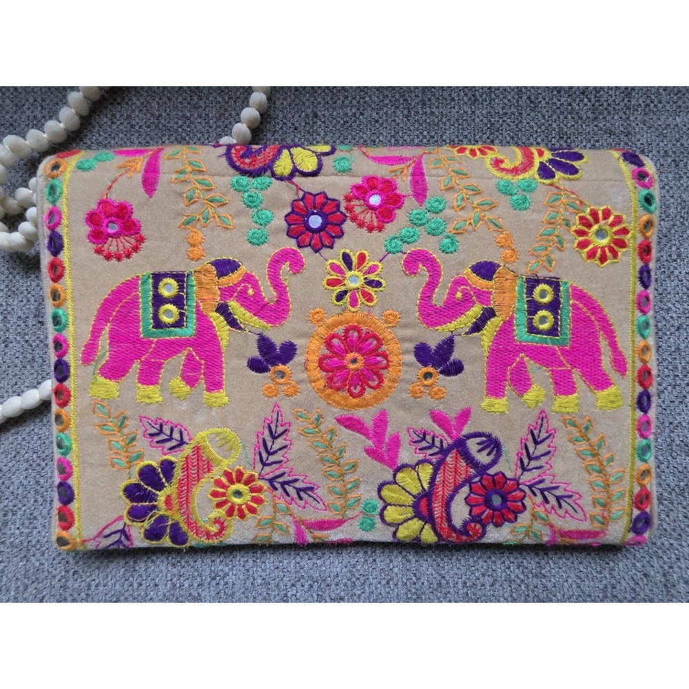 Embroidered Crossbody Bag Elephant PomPom Strap Boho Festival Purse - Picture 3 of 14
